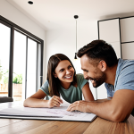 A happy family sharing their life story with an architect in their future home, emphasizing personal connection and lifestyle integration in the design.