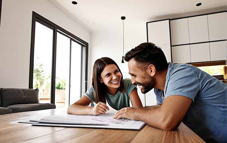 A happy family sharing their life story with an architect in their future home, emphasizing personal connection and lifestyle integration in the design.