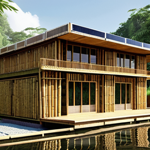 Home 14 **Sustainable Architecture:** An eco-friendly building design showcasing sustainable materials like bamboo and recycled wood, with solar panels and rainwater harvesting systems integrated, emphasizing energy efficiency and water conservation.