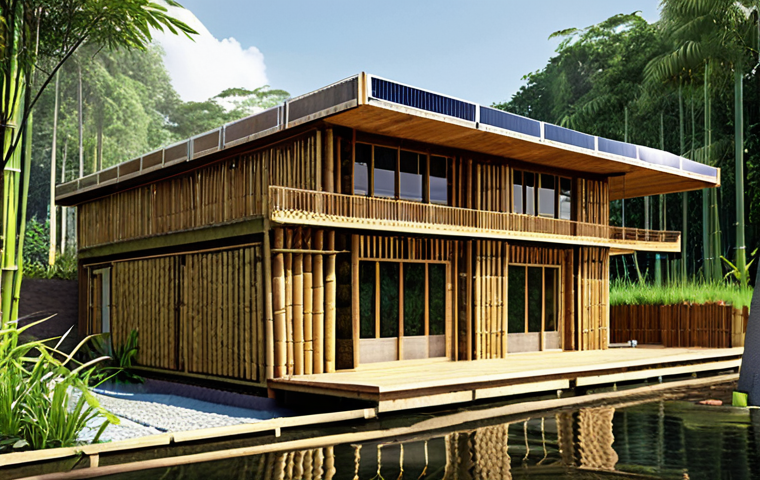 **Sustainable Architecture:** An eco-friendly building design showcasing sustainable materials like bamboo and recycled wood, with solar panels and rainwater harvesting systems integrated, emphasizing energy efficiency and water conservation.