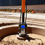 **Image:** Construction site showcasing soil testing equipment and a cracked building foundation in the background.
    **Prompt:** Construction site with soil testing in progress, highlighting soil types (clay, sand, silt), water retention tests, and load-bearing capacity assessment. In the background, a building with visible cracks in the foundation.