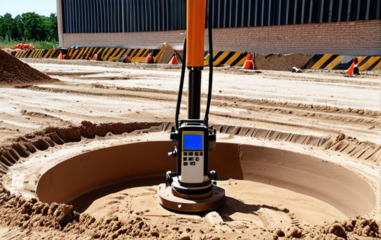 **Image:** Construction site showcasing soil testing equipment and a cracked building foundation in the background.
**Prompt:** Construction site with soil testing in progress, highlighting soil types (clay, sand, silt), water retention tests, and load-bearing capacity assessment. In the background, a building with visible cracks in the foundation.