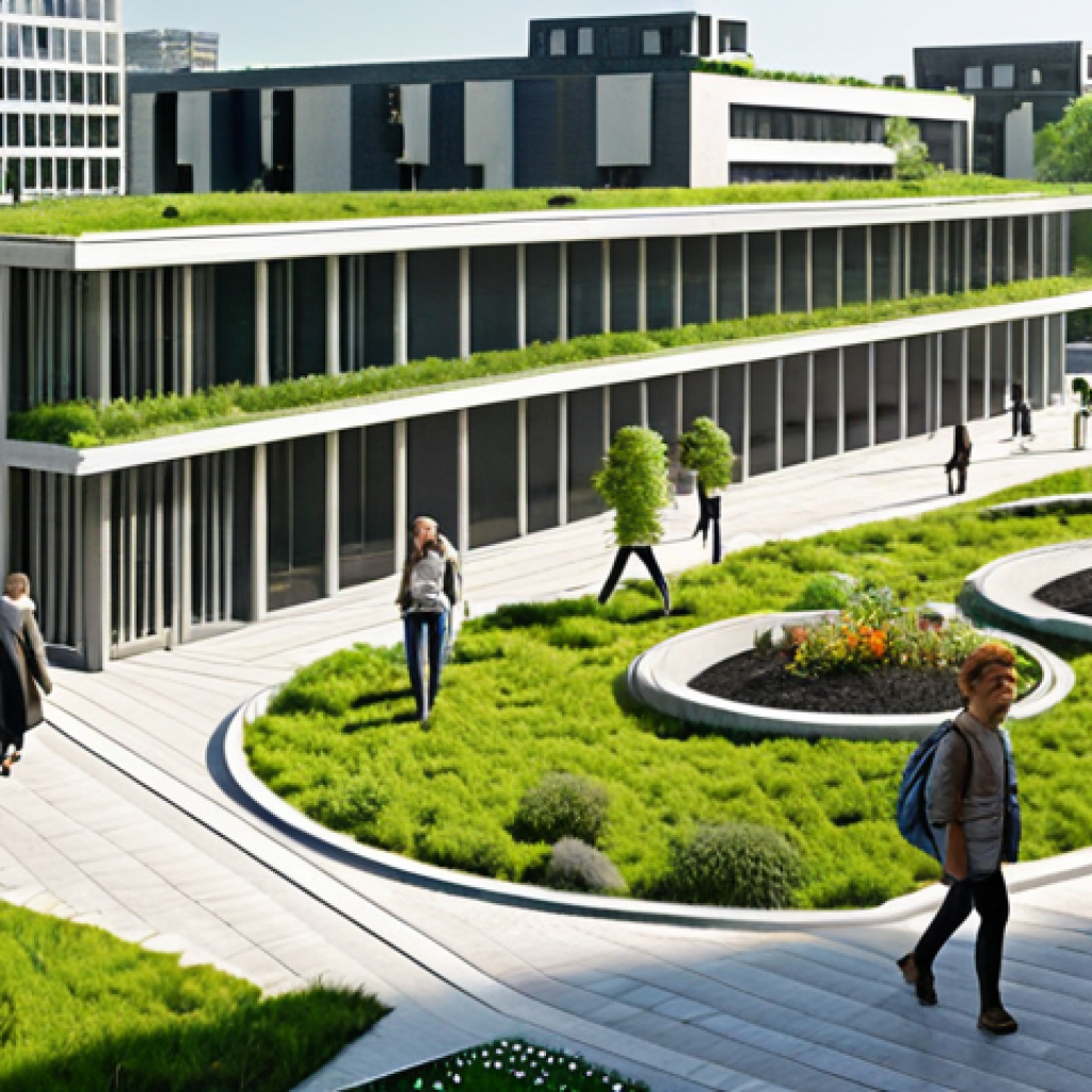 **

Modern architecture blending with a green public park. People are relaxing, walking, and enjoying nature within the urban space.  Focus on sustainable design elements like solar panels and green roofs. Bright, welcoming atmosphere.

**