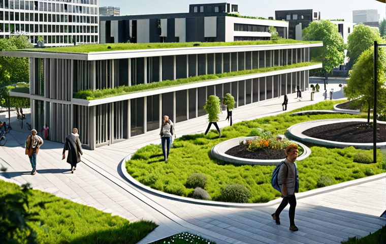 **
Modern architecture blending with a green public park. People are relaxing, walking, and enjoying nature within the urban space. Focus on sustainable design elements like solar panels and green roofs. Bright, welcoming atmosphere.
**