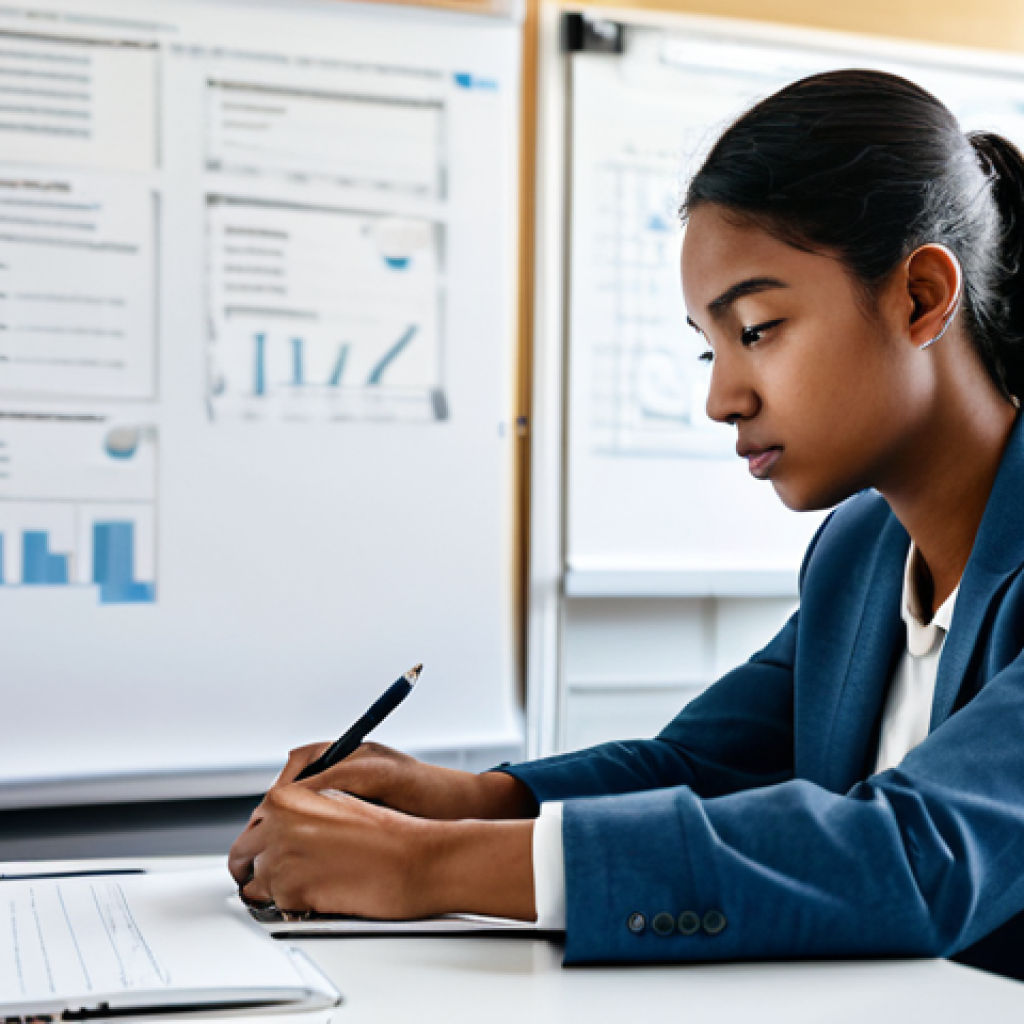 A focused young professional architectural student, fully clothed in modest, smart casual attire. The student is seated at a clean, spacious desk in a modern, well-lit study room, deeply engrossed in analyzing exam question papers and reviewing digital data charts on a laptop. Architectural sketches and blueprints are subtly visible on a corkboard in the background. The scene conveys a sense of diligence, strategic thinking, and focused study. Perfect anatomy, correct proportions, natural pose, well-formed hands, proper finger count, natural body proportions, professional photography, high quality, realistic rendering, safe for work, appropriate content, fully clothed, professional dress.