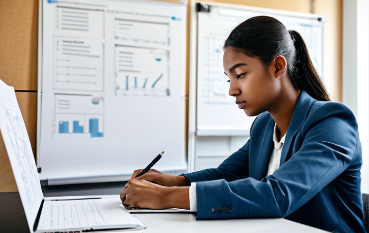 A focused young professional architectural student, fully clothed in modest, smart casual attire. The student is seated at a clean, spacious desk in a modern, well-lit study room, deeply engrossed in analyzing exam question papers and reviewing digital data charts on a laptop. Architectural sketches and blueprints are subtly visible on a corkboard in the background. The scene conveys a sense of diligence, strategic thinking, and focused study. Perfect anatomy, correct proportions, natural pose, well-formed hands, proper finger count, natural body proportions, professional photography, high quality, realistic rendering, safe for work, appropriate content, fully clothed, professional dress.