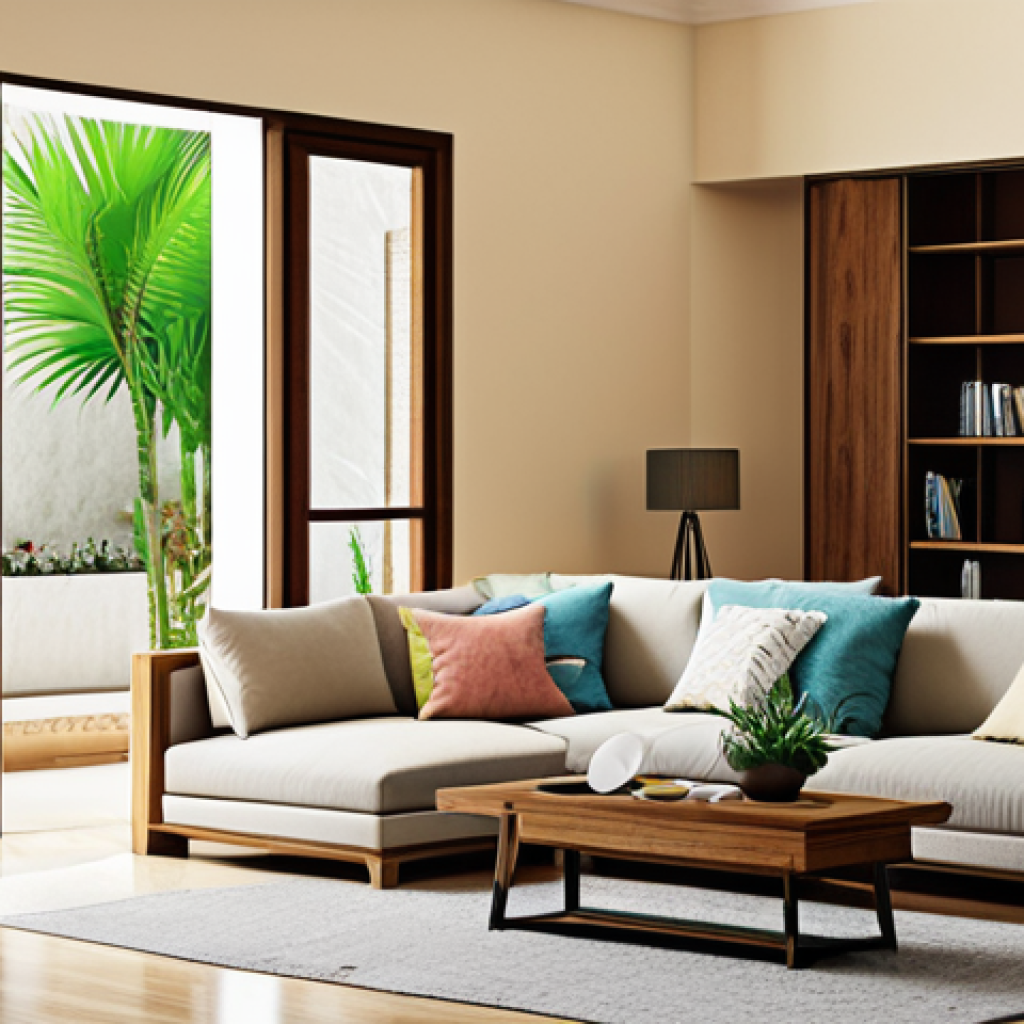 **
"A family-friendly home interior showcasing Vastu Shastra principles. A fully clothed woman is arranging furniture in a living room with light colors, plants, and comfortable seating. The scene emphasizes natural light and a harmonious balance of elements. Safe for work, appropriate content, professional photography, perfect anatomy, natural proportions, modest decor."
**