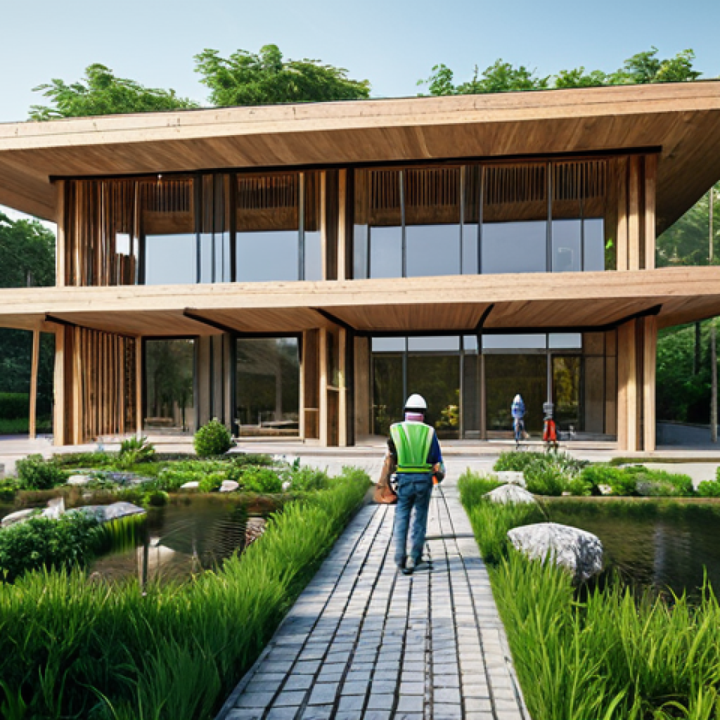 **
"Modern building featuring local stone and wood, surrounded by lush greenery, fully clothed construction workers inspecting the site, natural lighting, professional architecture photography, safe for work, appropriate content, fully clothed, professional, perfect anatomy, correct proportions, natural pose."
**