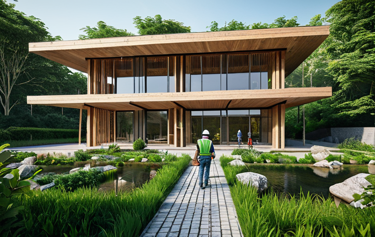 **
"Modern building featuring local stone and wood, surrounded by lush greenery, fully clothed construction workers inspecting the site, natural lighting, professional architecture photography, safe for work, appropriate content, fully clothed, professional, perfect anatomy, correct proportions, natural pose."
**
