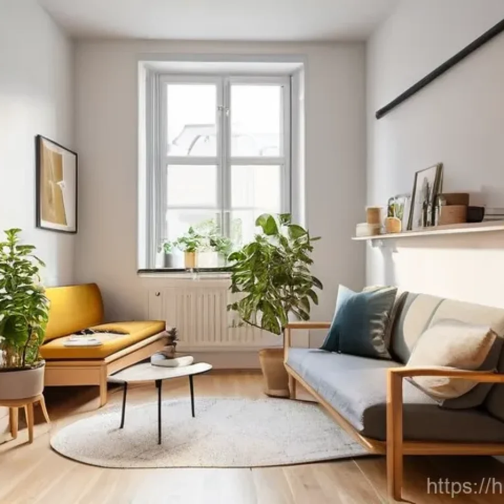 건축 설계와 공간의 기능적 배열 - **Prompt:** A cozy, modern studio apartment, designed for smart living. The main area seamlessly tra...