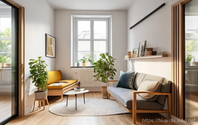 건축 설계와 공간의 기능적 배열 - **Prompt:** A cozy, modern studio apartment, designed for smart living. The main area seamlessly tra...