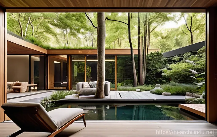 건축 설계와 조경 설계의 연계성 - **Prompt: "A breathtaking modern architectural residence nestled harmoniously within a lush, vibrant...