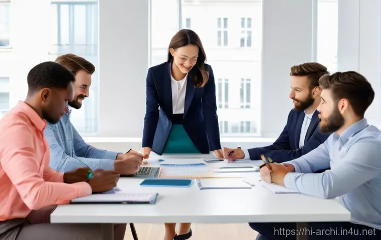 건축 실무에서의 팀워크 강화 방법 - **Image Prompt 1: Collaborative Architectural Team Meeting**
    "A diverse team of 6-8 architects a...