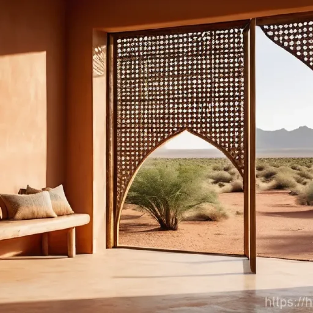 건축 실무에서 요구되는 창의적 문제 해결 사례 - **Prompt:** A serene, eco-friendly desert home crafted from local, light-colored stone and mud brick...