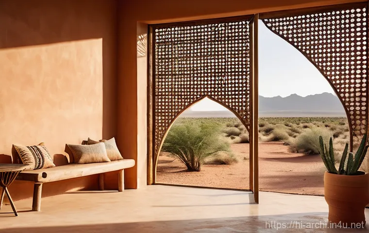 건축 실무에서 요구되는 창의적 문제 해결 사례 - **Prompt:** A serene, eco-friendly desert home crafted from local, light-colored stone and mud brick...