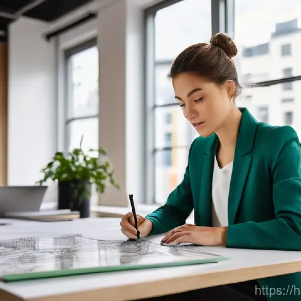 건축가 커리어 개발 전략 - **Prompt:** A young, determined female architect, dressed in a stylish, smart-casual outfit (e.g., t...