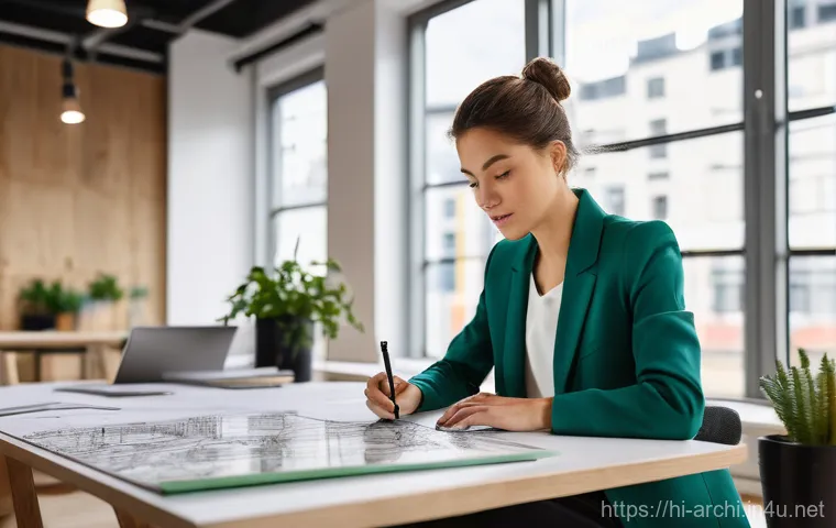 건축가 커리어 개발 전략 - **Prompt:** A young, determined female architect, dressed in a stylish, smart-casual outfit (e.g., t...