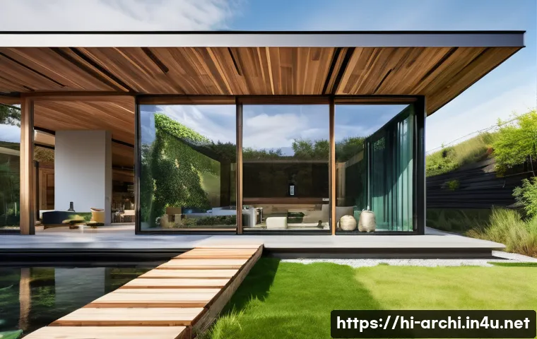건축 설계에서의 혁신적 접근법 연구 - **Prompt 1: A futuristic, sustainable smart home seamlessly integrated into a lush green landscape.*...